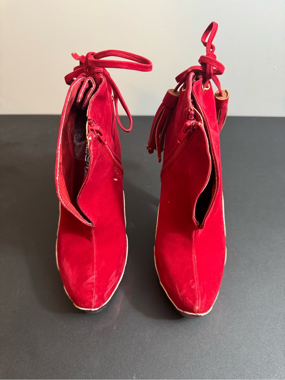 Wild Rose Red Suede Ankle Booties with Tassel Tie